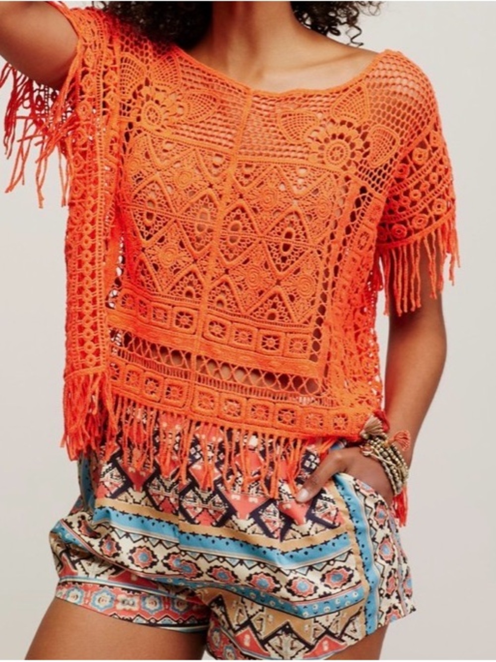 Free People Georgia Orange Crochet Fringe Top